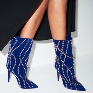 NEW Louboutin Astrilarge Booty Pika 100 Blue Suede Spiked Pointed Toe Boots 38
